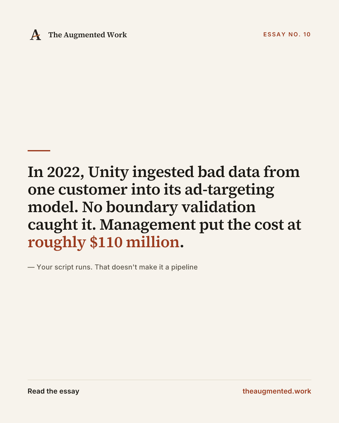 “In 2022, Unity ingested bad data from one customer into its ad-targeting model. No boundary validation caught it. Management put the cost at roughly $110 million.” — a share card from the essay “Your script runs. That doesn't make it a pipeline.”