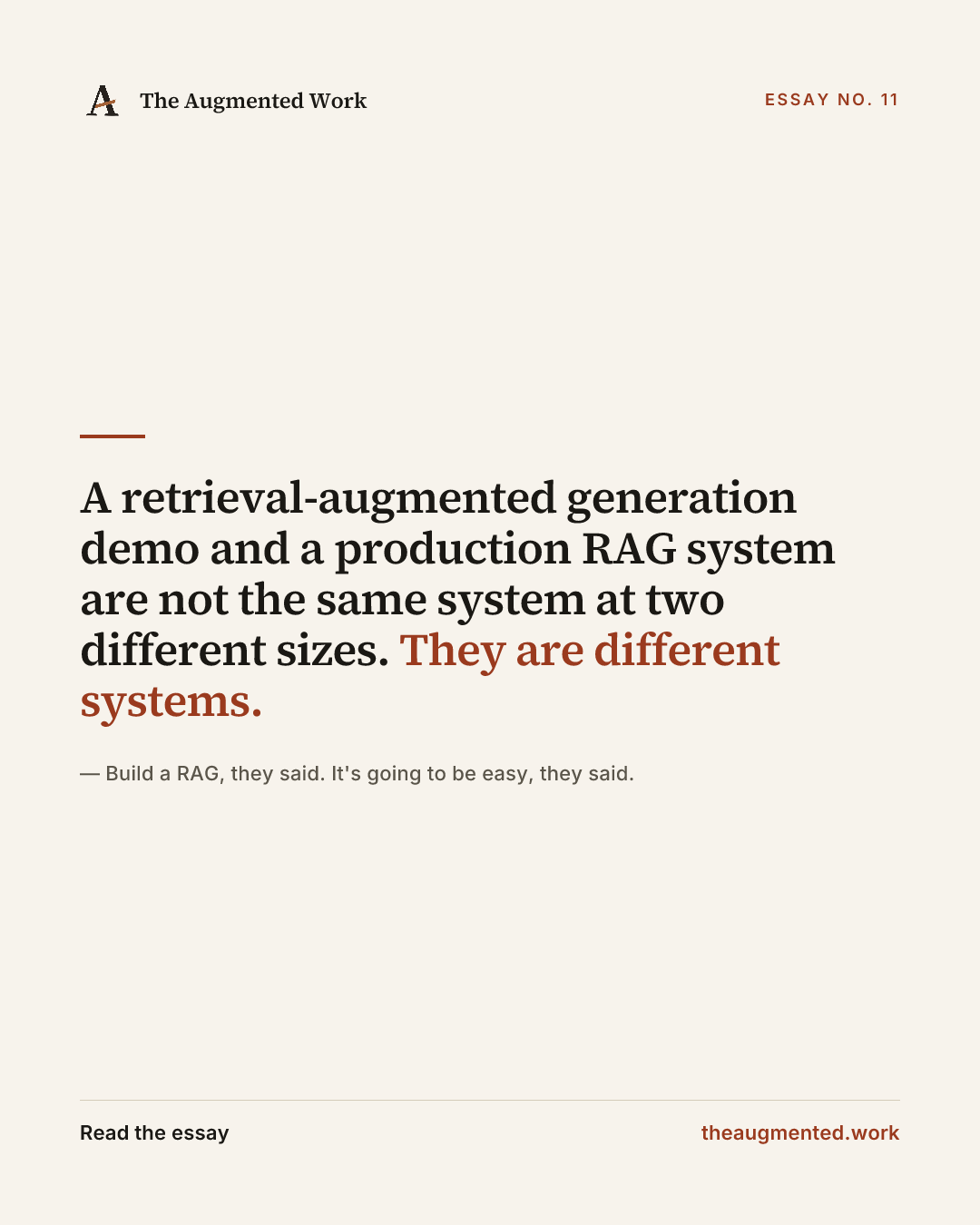 “A retrieval-augmented generation demo and a production RAG system are not the same system at two different sizes. They are different systems.” — a share card from the essay “Build a RAG, they said. It's going to be easy, they said..”