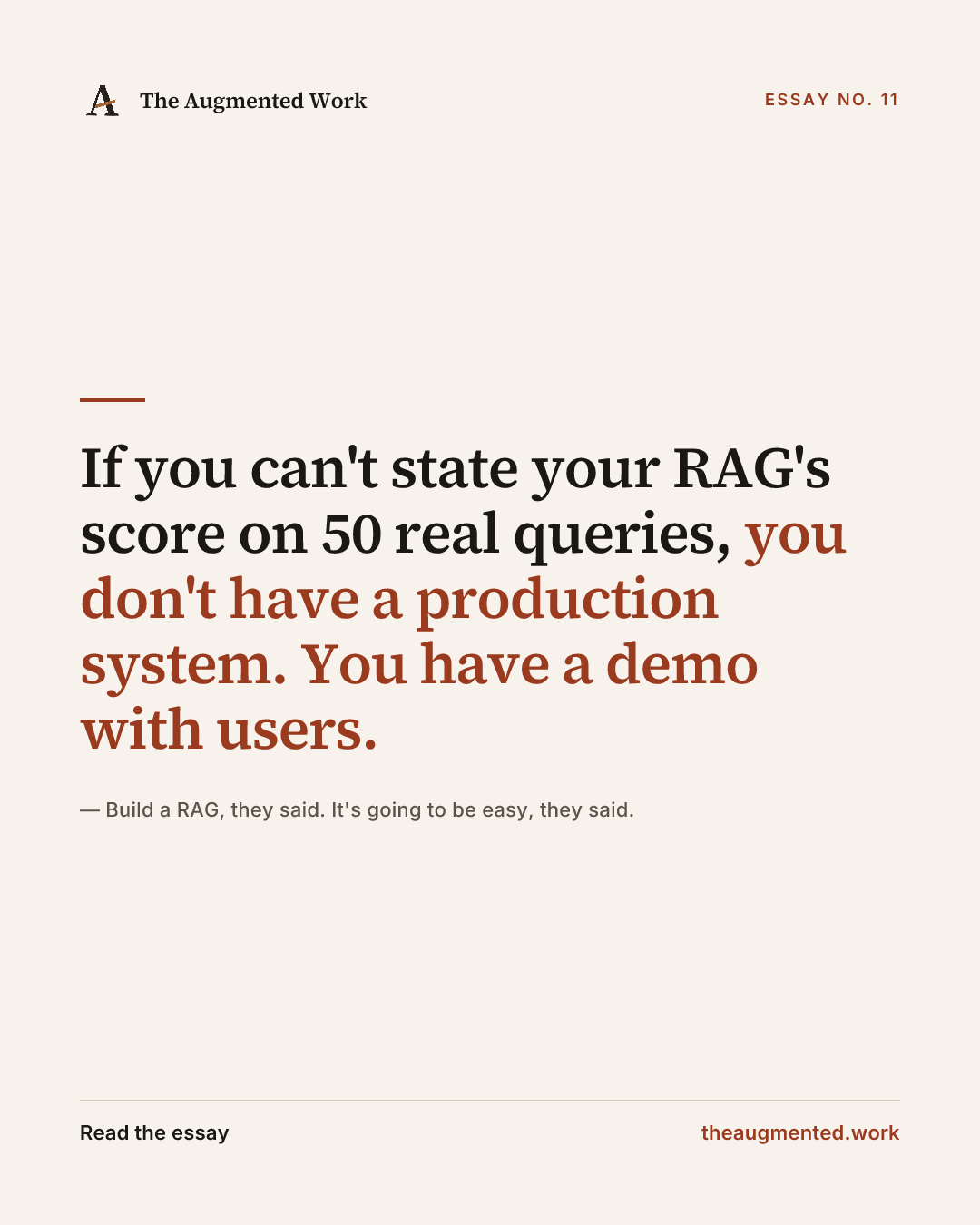 “If you can't state your RAG's score on 50 real queries, you don't have a production system. You have a demo with users.” — a share card from the essay “Build a RAG, they said. It's going to be easy, they said..”