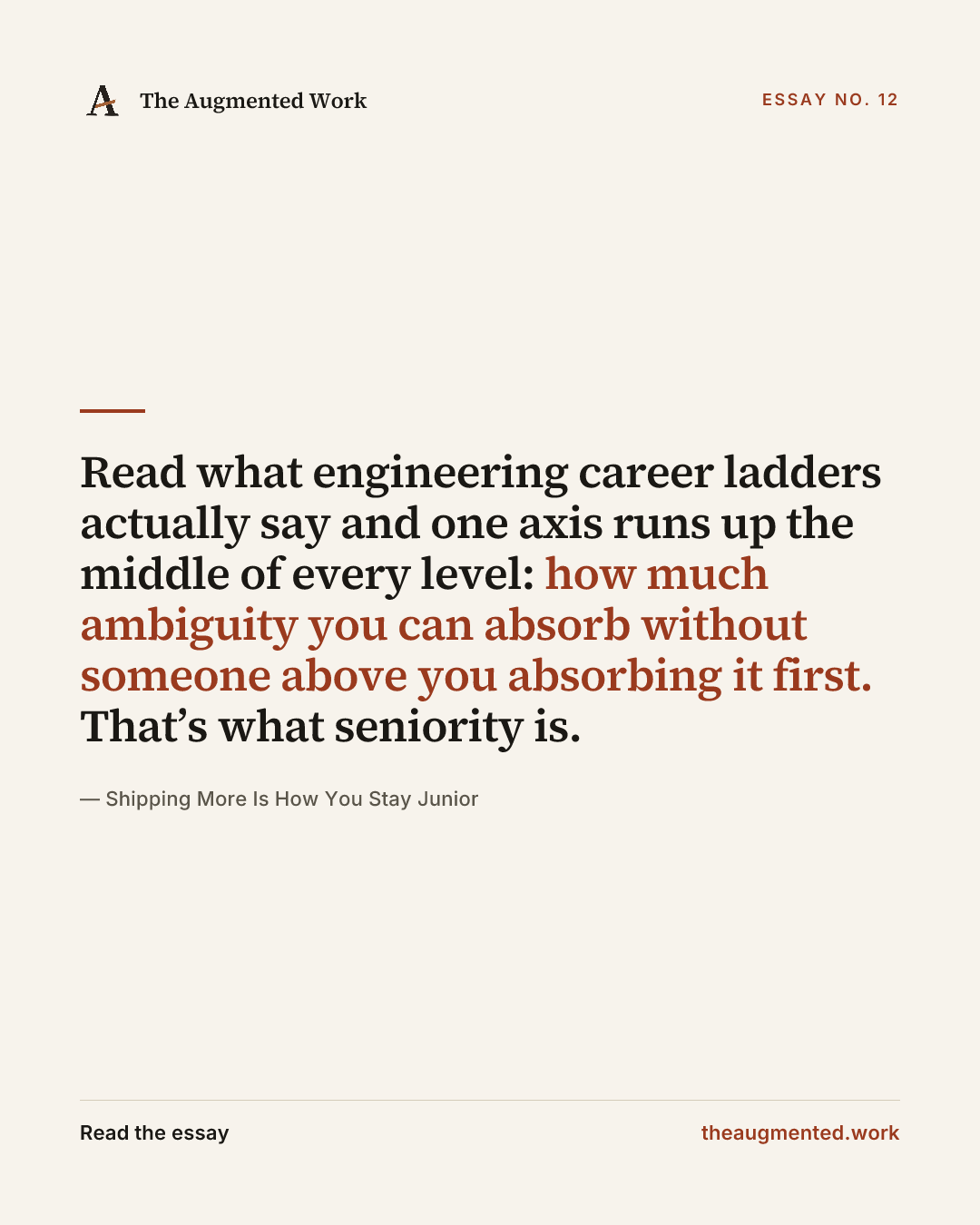 “Read what engineering career ladders actually say and one axis runs up the middle of every level: how much ambiguity you can absorb without someone above you absorbing it first. That’s what seniority is.” — a share card from the essay “Shipping More Is How You Stay Junior.”