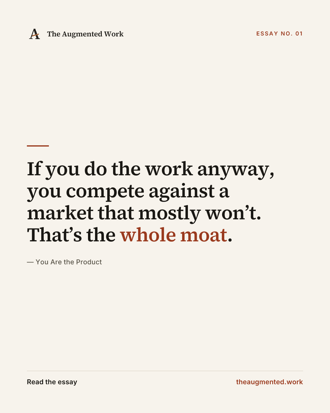 “If you do the work anyway, you compete against a market that mostly won’t. That’s the whole moat.” — a share card from the essay “You Are the Product.”