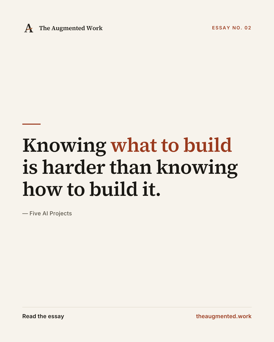 “Knowing what to build is harder than knowing how to build it.” — a share card from the essay “Five AI Projects.”
