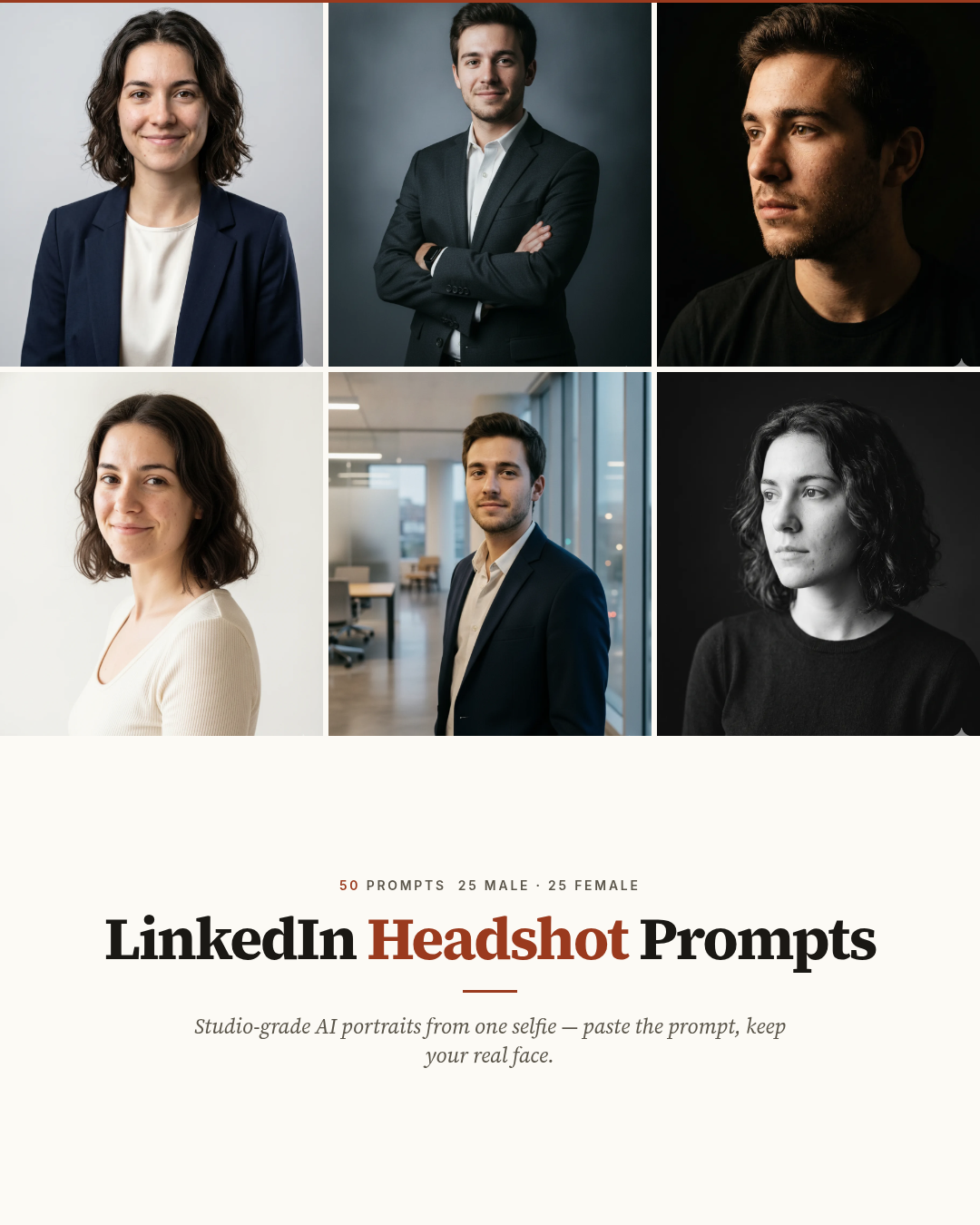 Cover of “50 LinkedIn Headshot Prompts”: a grid of studio-grade AI portraits of men and women behind a cream card reading “LinkedIn Headshot Prompts — 50 prompts, 25 male and 25 female, studio-grade AI portraits from one selfie.”