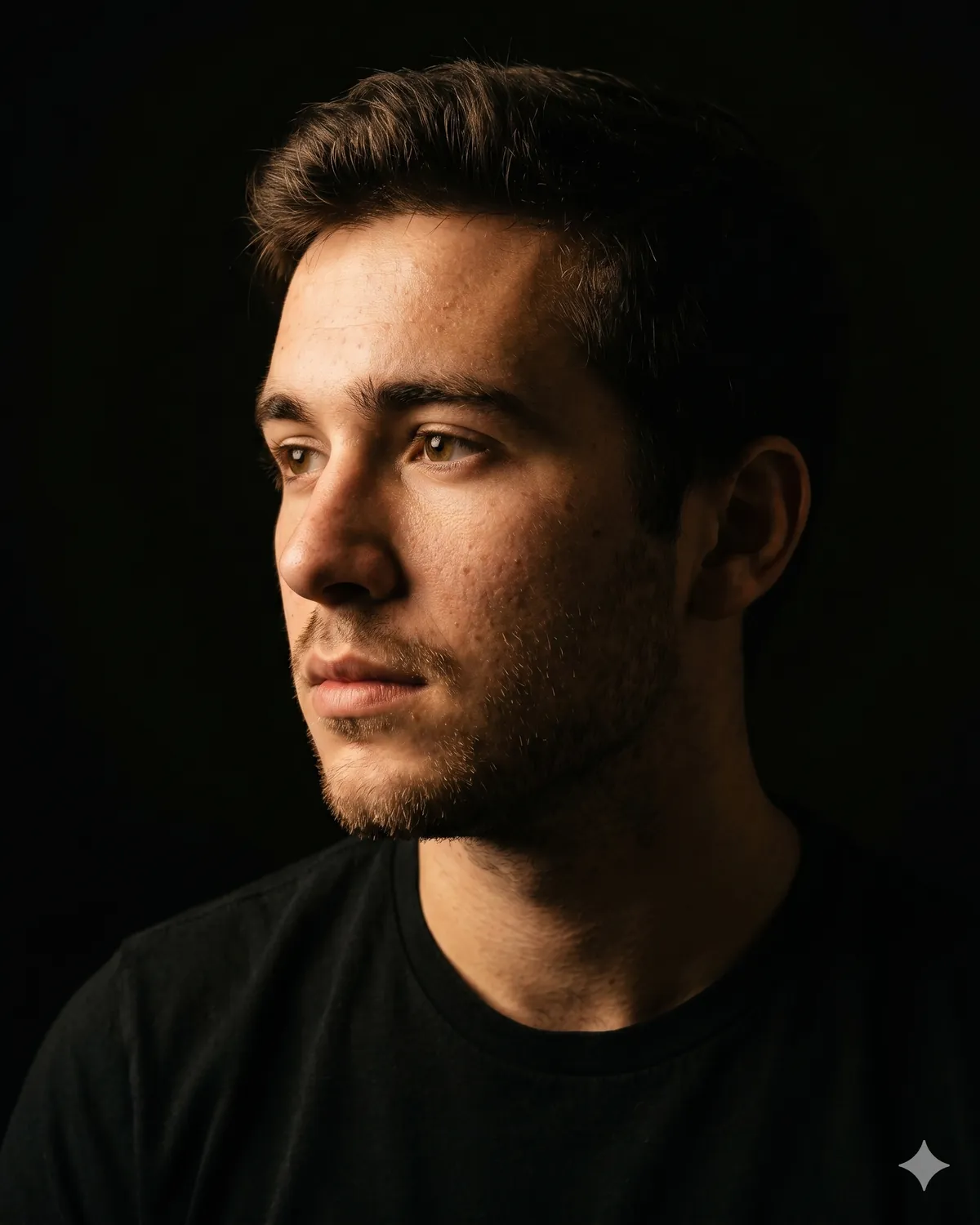 AI headshot prompt example: Chiaroscuro profile (B&W, dark) — Male LinkedIn portrait, generated with Gemini (nano banana)