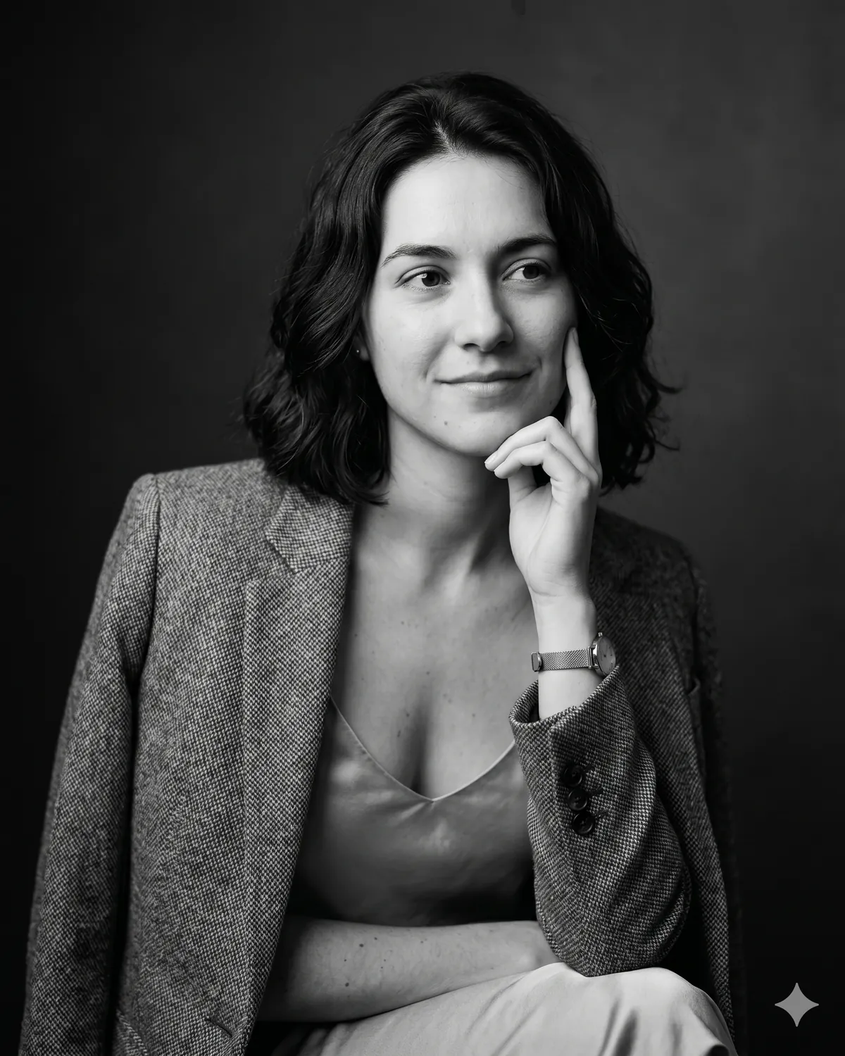 AI headshot prompt example: Contemplative tweed (B&W) — Female LinkedIn portrait, generated with Gemini (nano banana)