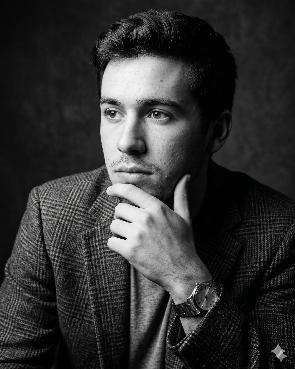 AI headshot prompt example: Contemplative tweed (B&W) — Male LinkedIn portrait, generated with Gemini (nano banana)