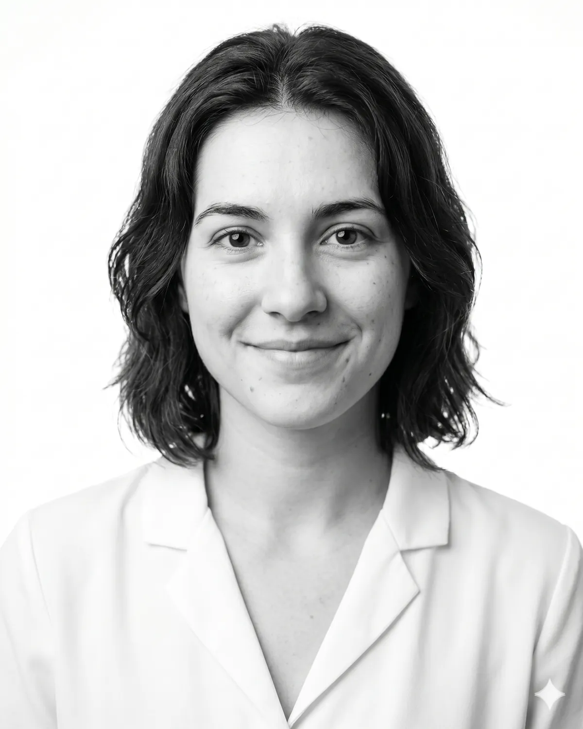 AI headshot prompt example: Direct gaze, white shirt (B&W) — Female LinkedIn portrait, generated with Gemini (nano banana)
