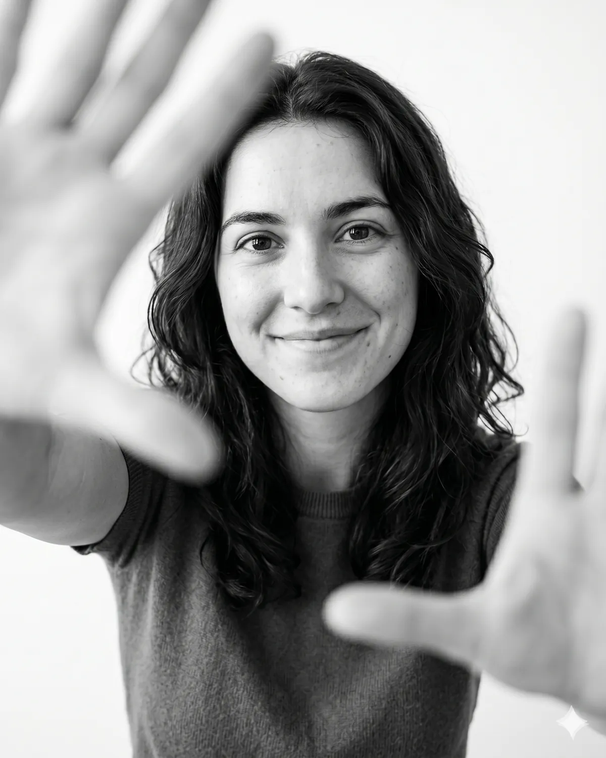 AI headshot prompt example: Finger-frame, joyful (B&W) — Female LinkedIn portrait, generated with Gemini (nano banana)