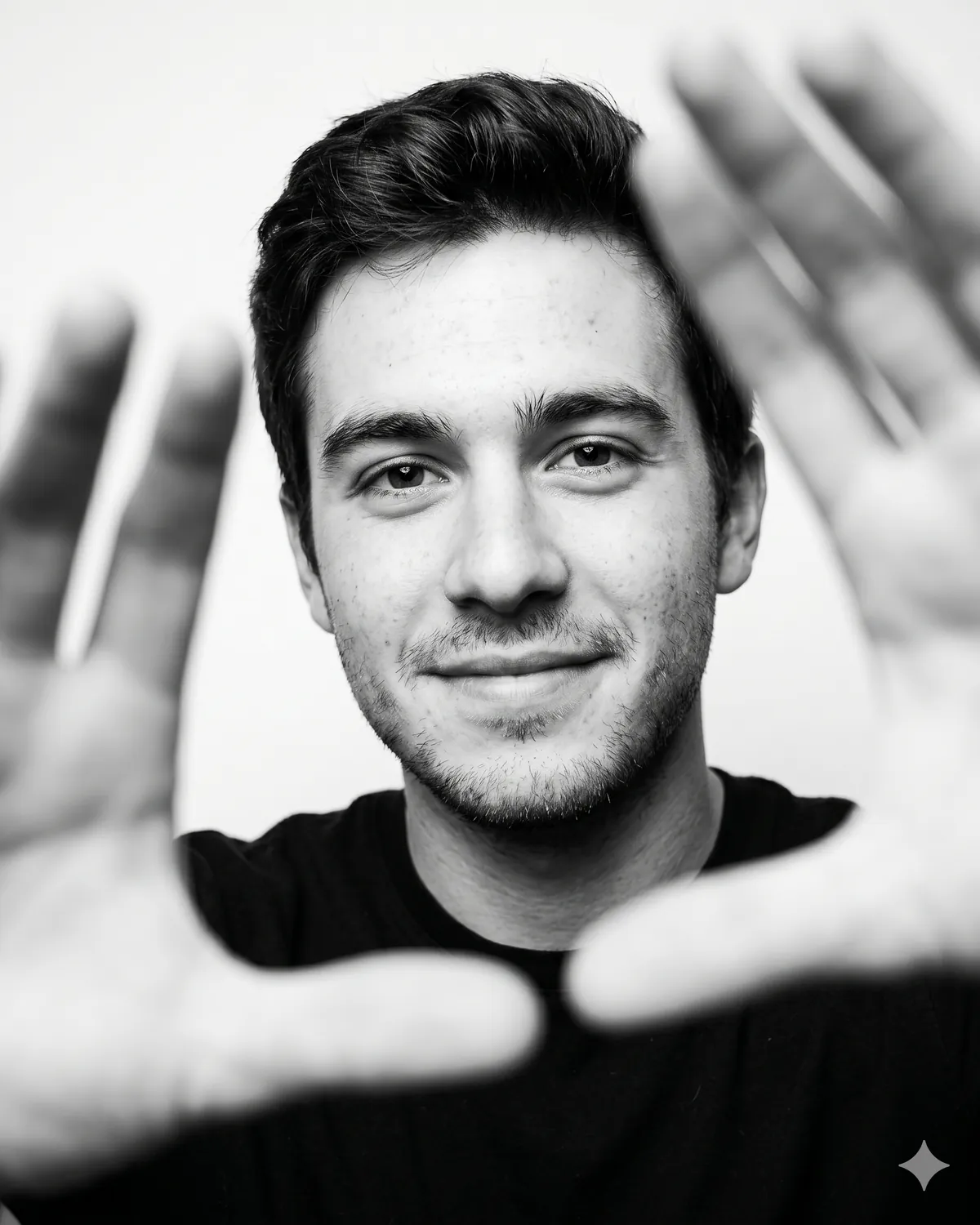 AI headshot prompt example: Finger-frame, joyful (B&W) — Male LinkedIn portrait, generated with Gemini (nano banana)
