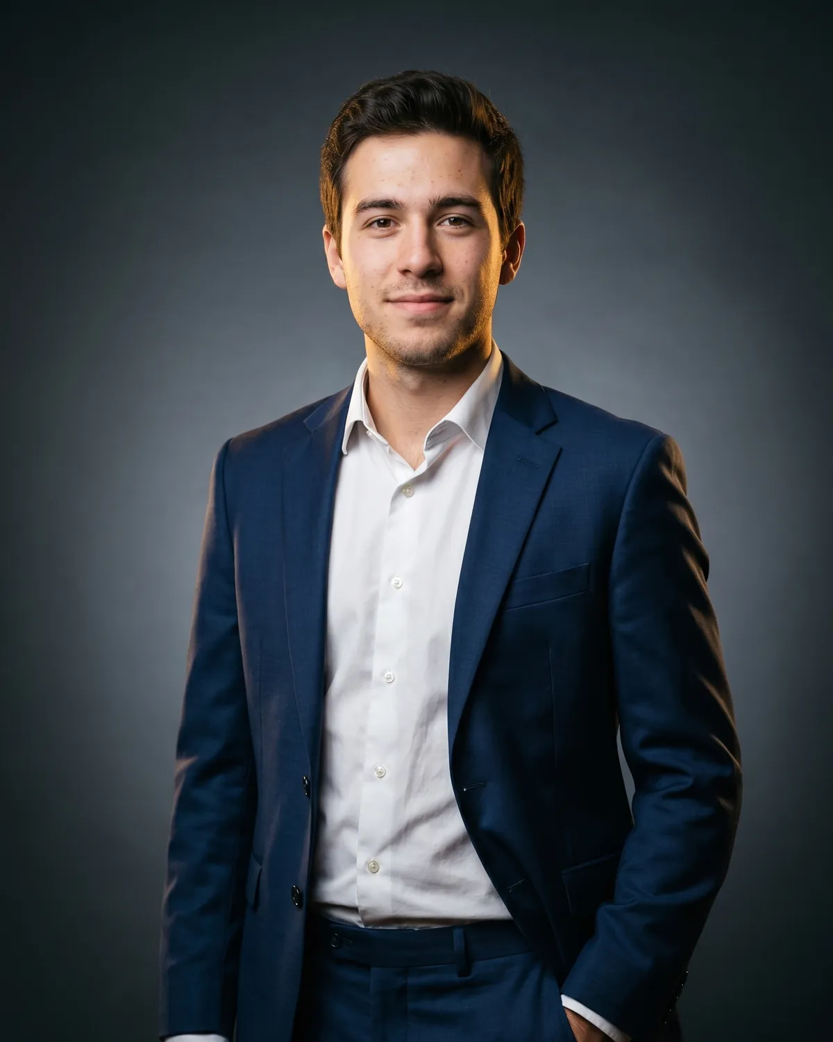 AI headshot prompt example: Full-length navy suit (color, executive) — Male LinkedIn portrait, generated with Gemini (nano banana)