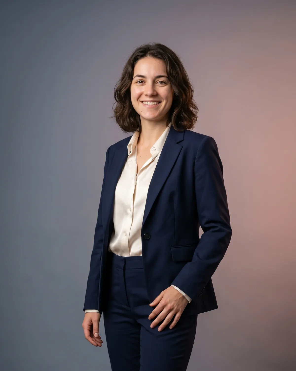 AI headshot prompt example: Full-length suit (color) — Female LinkedIn portrait, generated with Gemini (nano banana)