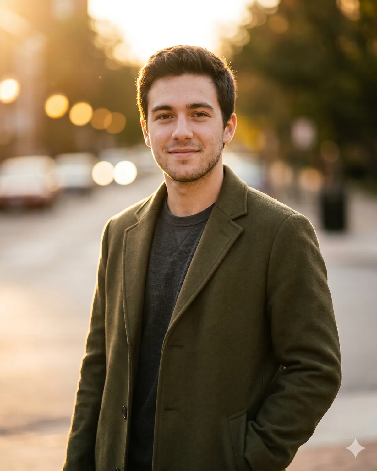 AI headshot prompt example: Golden-hour outdoor stroll (relaxed, lifestyle) — Male LinkedIn portrait, generated with Gemini (nano banana)