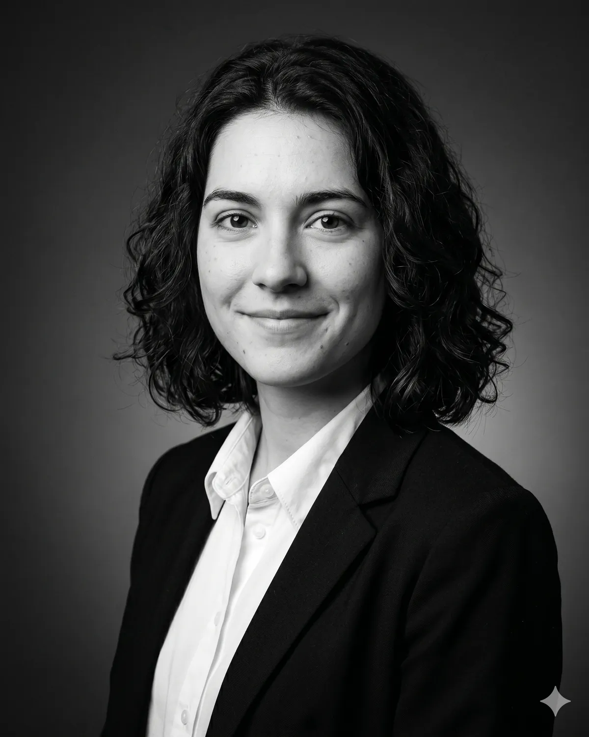 AI headshot prompt example: Head-and-shoulders blazer (B&W) — Female LinkedIn portrait, generated with Gemini (nano banana)