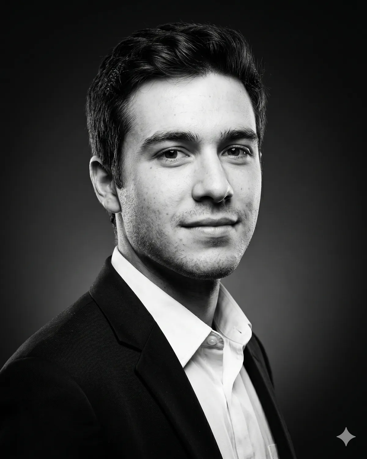 AI headshot prompt collection cover: head-and-shoulders blazer portrait, an example LinkedIn-grade headshot generated with Gemini (nano banana)