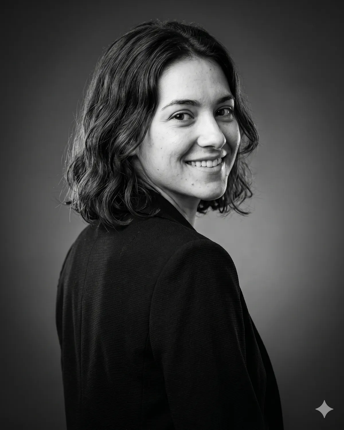 AI headshot prompt example: Over-the-shoulder turn (B&W) — Female LinkedIn portrait, generated with Gemini (nano banana)