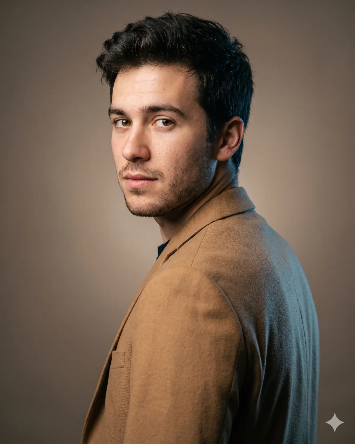 AI headshot prompt example: Over-the-shoulder turn (color, dynamic) — Male LinkedIn portrait, generated with Gemini (nano banana)