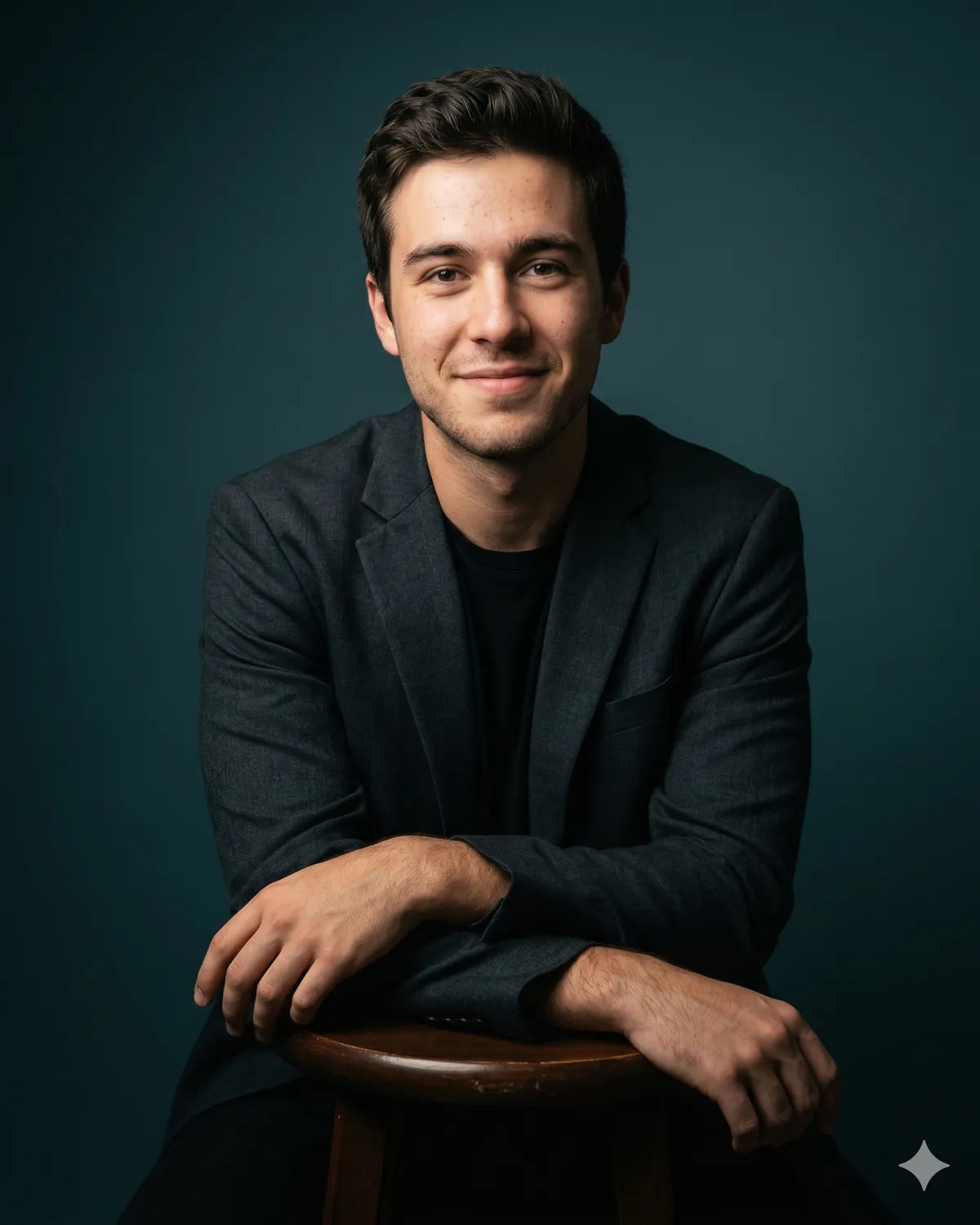 AI headshot prompt example: Seated arms-crossed authority (color, bold backdrop) — Male LinkedIn portrait, generated with Gemini (nano banana)