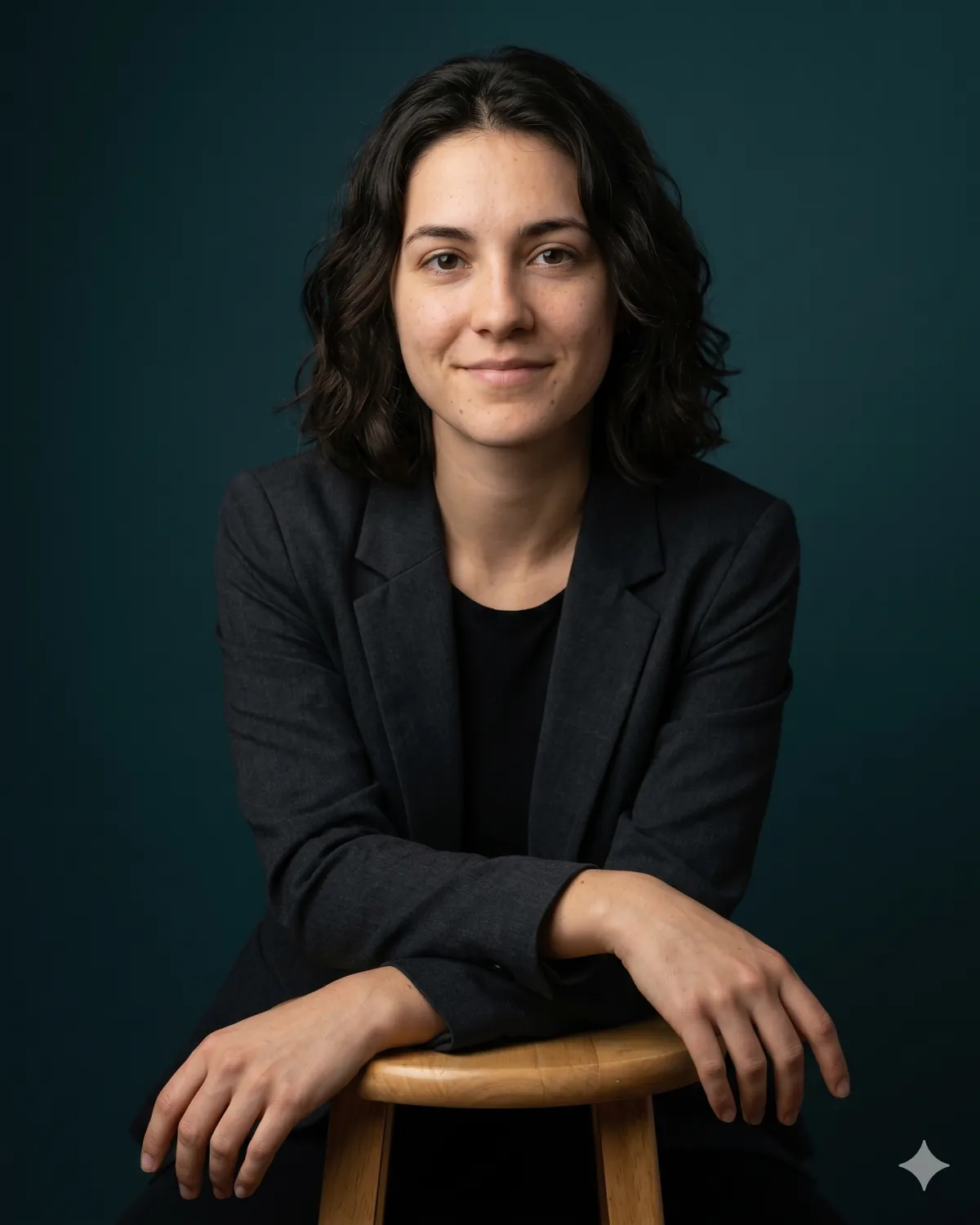 AI headshot prompt example: Seated, relaxed lean (color) — Female LinkedIn portrait, generated with Gemini (nano banana)