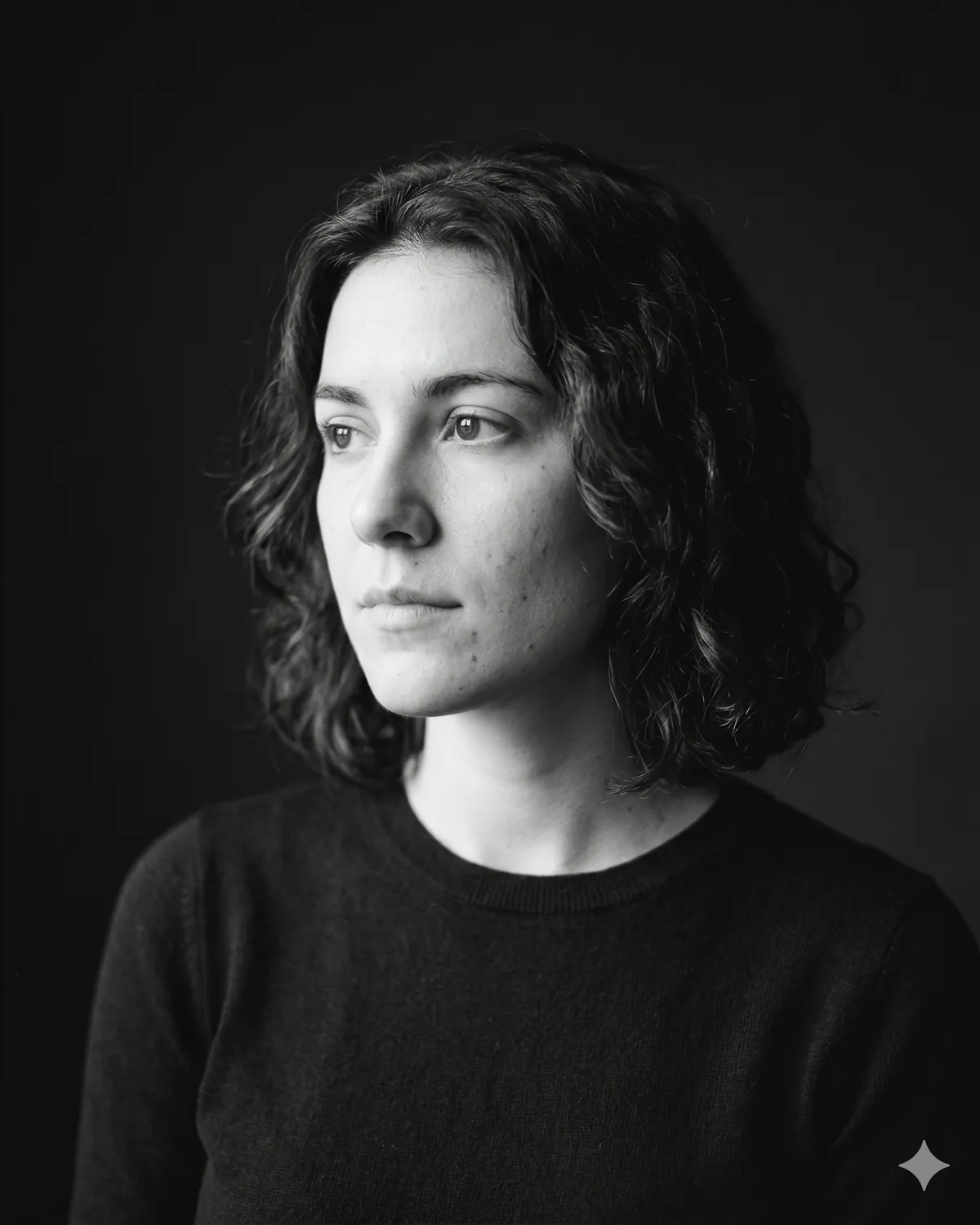 AI headshot prompt example: Soft-shadow profile (B&W) — Female LinkedIn portrait, generated with Gemini (nano banana)