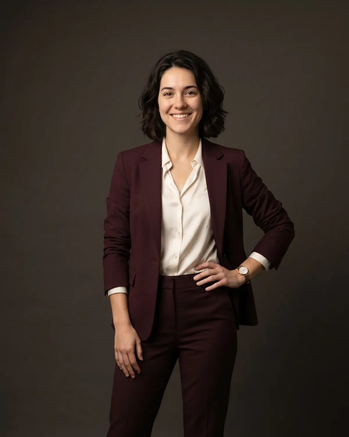 AI headshot prompt example: Standing executive (color) — Female LinkedIn portrait, generated with Gemini (nano banana)