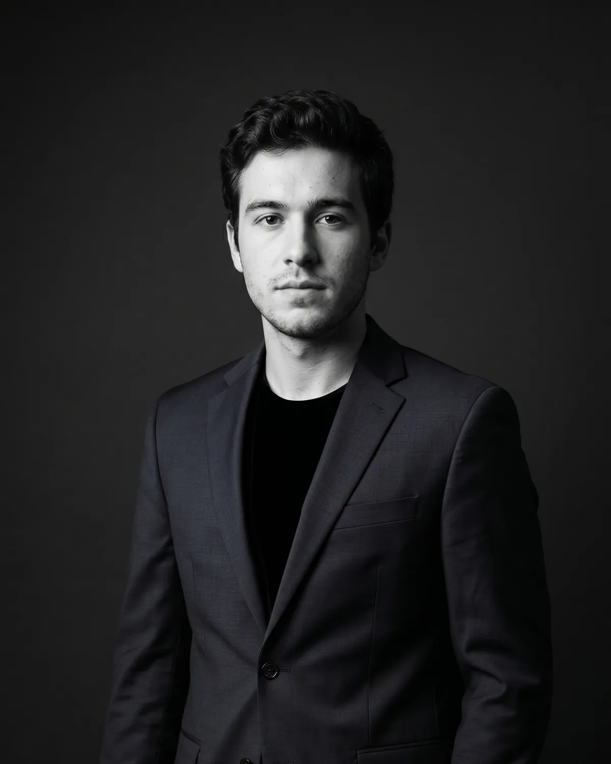 AI headshot prompt example: Standing executive, low-key (B&W) — Male LinkedIn portrait, generated with Gemini (nano banana)