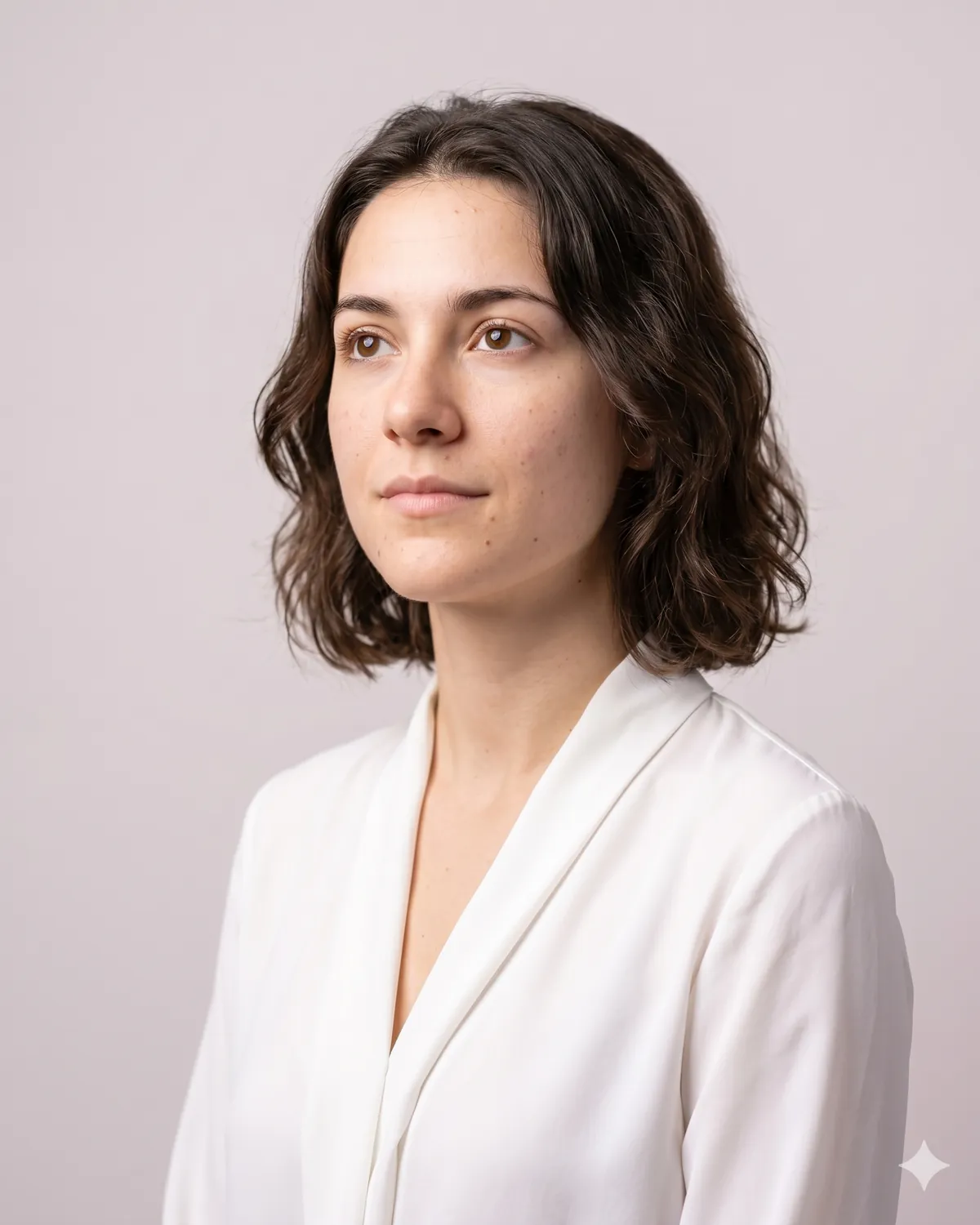 AI headshot prompt example: Three-quarter upward gaze (color) — Female LinkedIn portrait, generated with Gemini (nano banana)