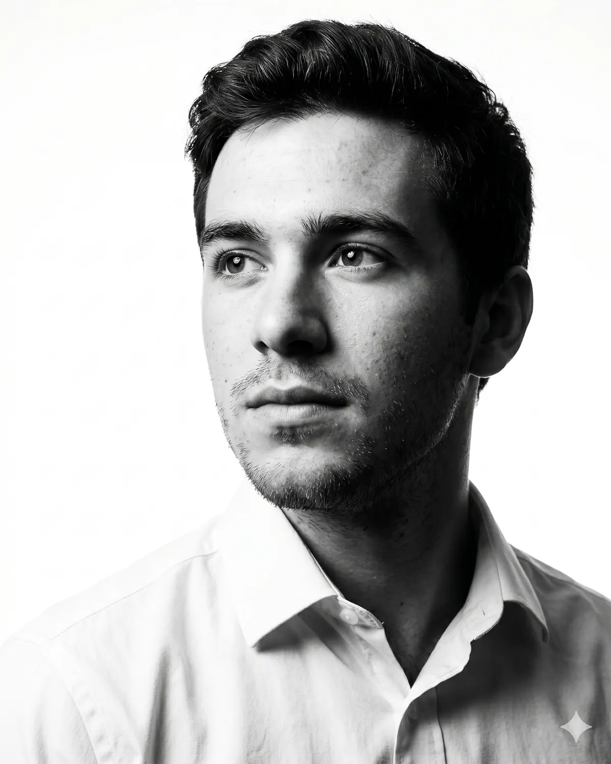 AI headshot prompt example: Three-quarter upward gaze (high-key B&W) — Male LinkedIn portrait, generated with Gemini (nano banana)
