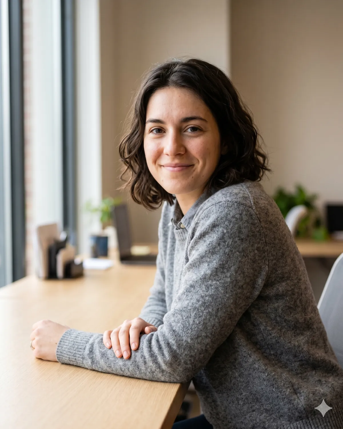 AI headshot prompt example: Window-light desk lean (color) — Female LinkedIn portrait, generated with Gemini (nano banana)