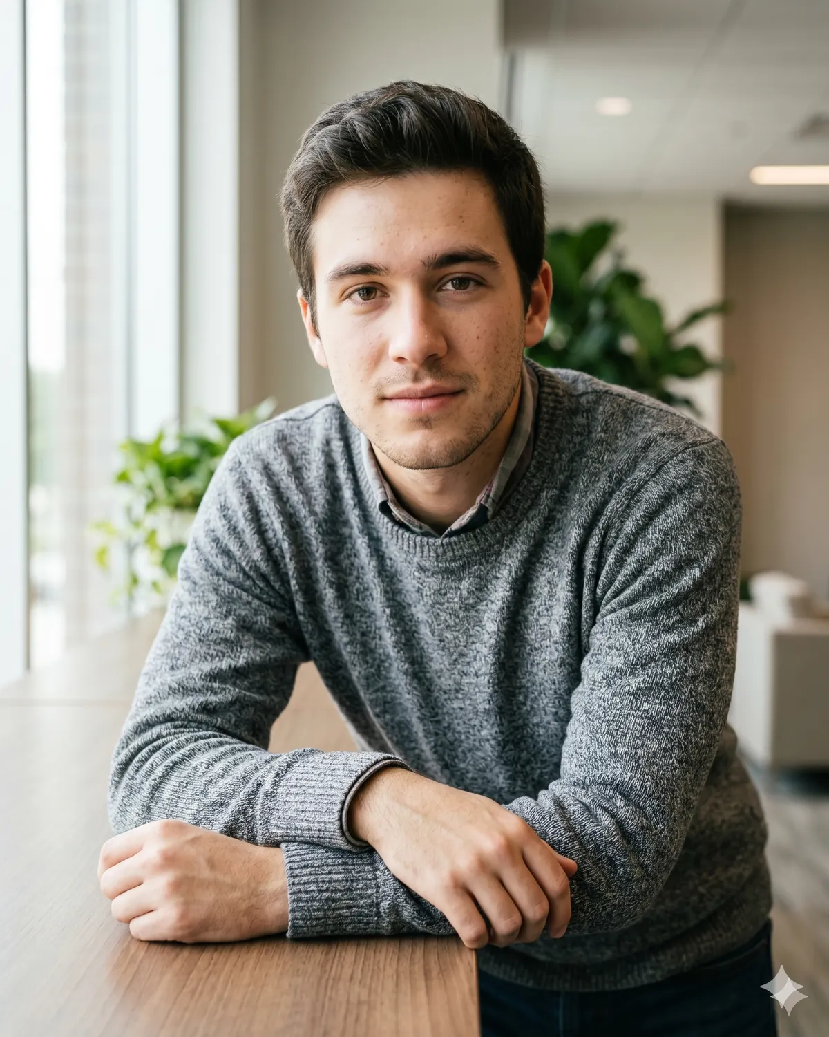 AI headshot prompt example: Window-light desk lean (warm, candid-professional) — Male LinkedIn portrait, generated with Gemini (nano banana)