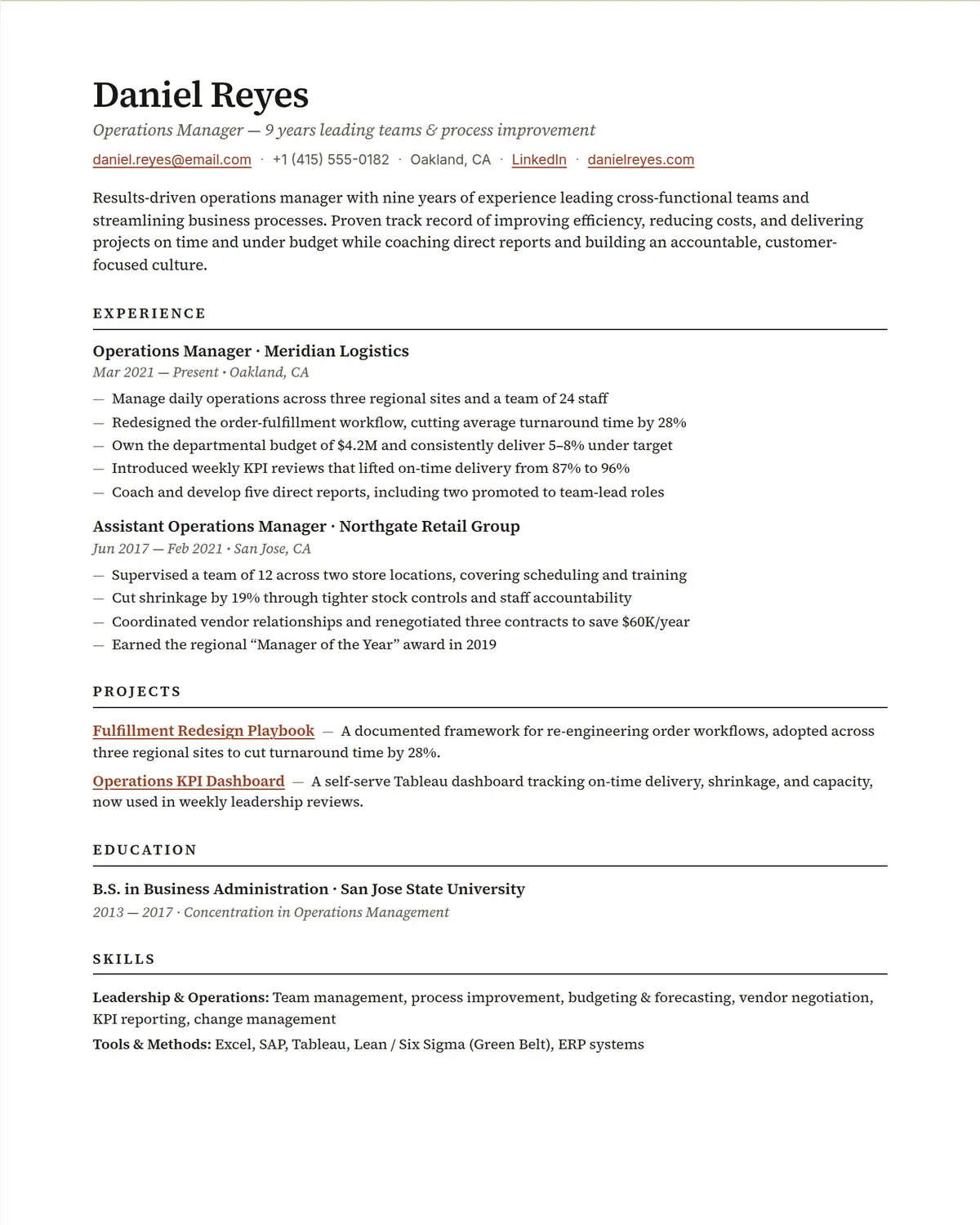 The Résumé Builder tool: a live preview of a finished editorial résumé set in Source Serif with oxblood accents.